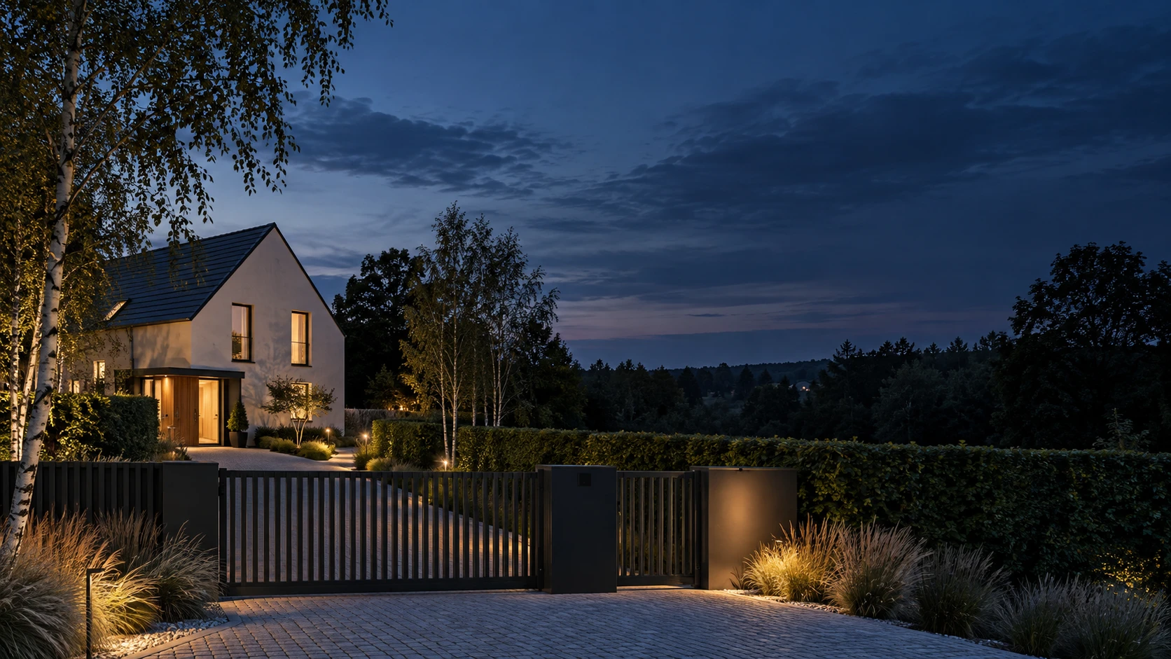Atmosphärische Gartenvisualisierung mit Metallzaun im Abendlicht