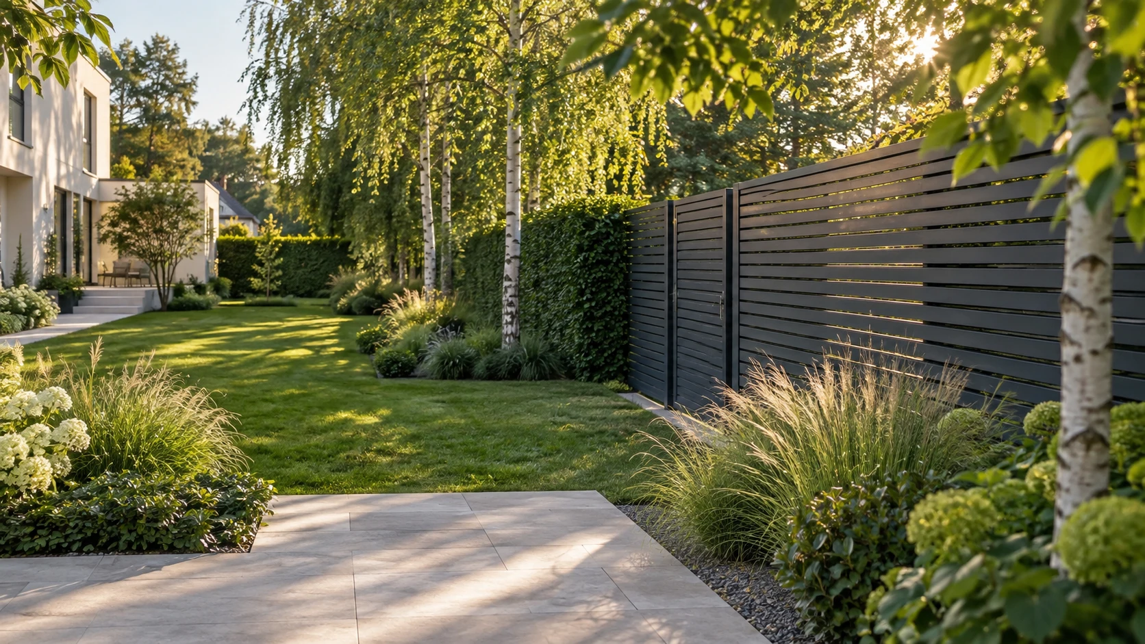 Inspiration: gestalteter Garten mit Metallzaun und Naturstein